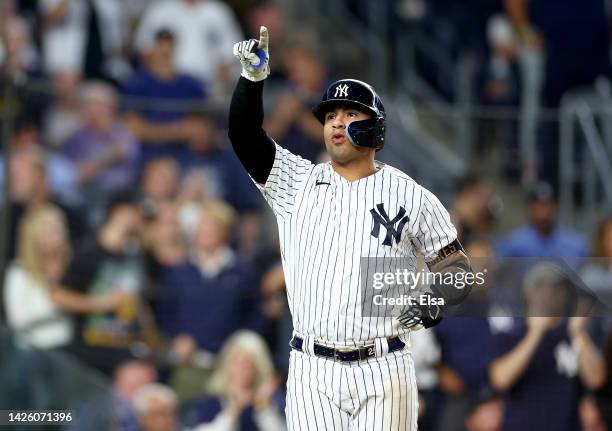 Gleyber Torres of the New York Yankees celebrates of his home run in the eighth inning against the Pittsburgh Pirates at Yankee Stadium on September...