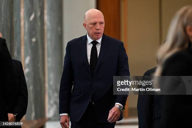 Leader of the Opposition Peter Dutton MP at the National Memorial Service for Queen Elizabeth II at Parliament House on September 22, 2022 in...