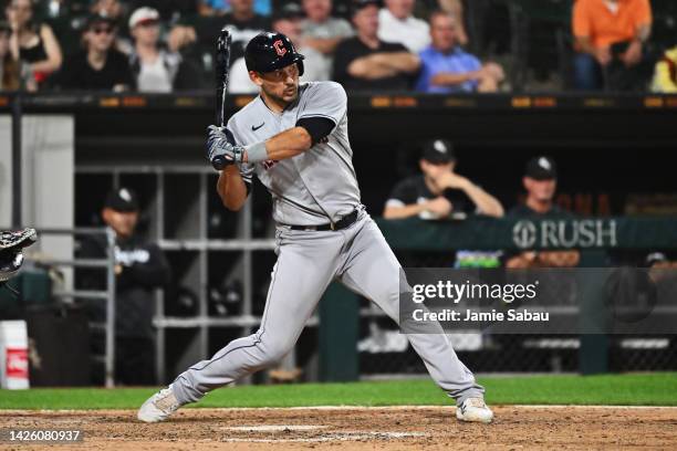 Luke Maile of the Cleveland Guardians bats against the Chicago White Sox at Guaranteed Rate Field on September 20, 2022 in Chicago, Illinois.