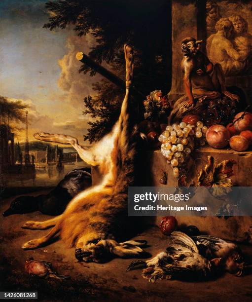 Dead game, monkey and fruit in front of a landscape, 1709. Artist Jan Weenix.
