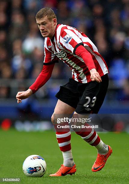 James McClean of Sunderland in action during the Barclays Premier League match between Everton and Sunderland at Goodison Park on April 9, 2012 in...