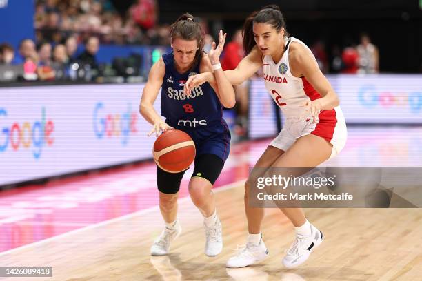 Novena Jovanovic of Serbia takes on Aislinn Konig of Canada during the 2022 FIBA Women's Basketball World Cup Group B match between Canada and Serbia...