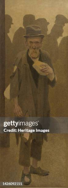 Vieil homme en haillons, de face, tenant un morceau de pain, circa 1904. Artist Fernand Pelez.