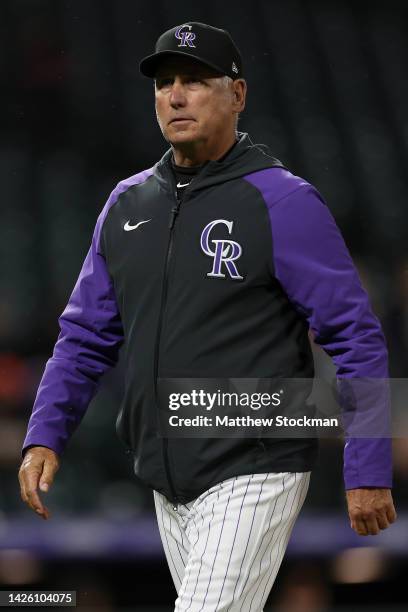 Manager Bud Black of the Colorado Rockies walks back to the dugout after changing pitchers against the San Francisco Giants in the ninth inning at...