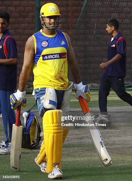 Chennai Super Kings captain Mahendra Singh Dhoni during the practice session at the Ferozshah Kotla Stadium on April 9, 2012 in New Delhi, India....