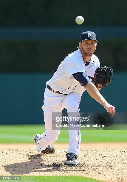 Collin Balester of the Detroit Tigers pitches during the game against the Boston Red Sox at Comerica Park on April 8, 2012 in Detroit, Michigan. The...