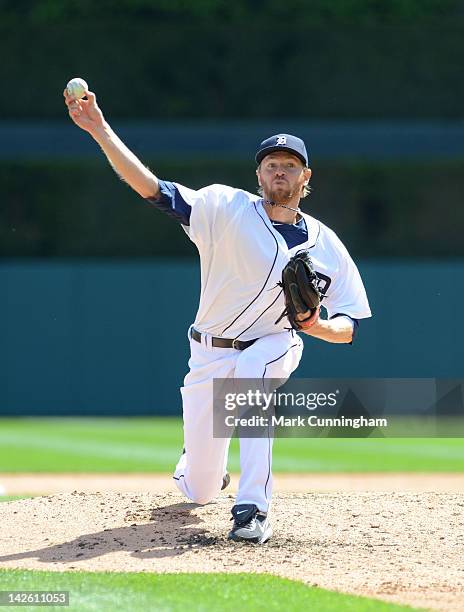 Collin Balester of the Detroit Tigers pitches during the game against the Boston Red Sox at Comerica Park on April 8, 2012 in Detroit, Michigan. The...