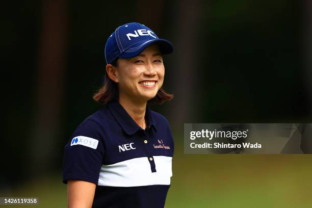 Erina Hara of Japan smiles on the 18th hole during the first round of Chugoku Shimbun Chupea Ladies Cup at Geinan Country Club on September 22, 2022...