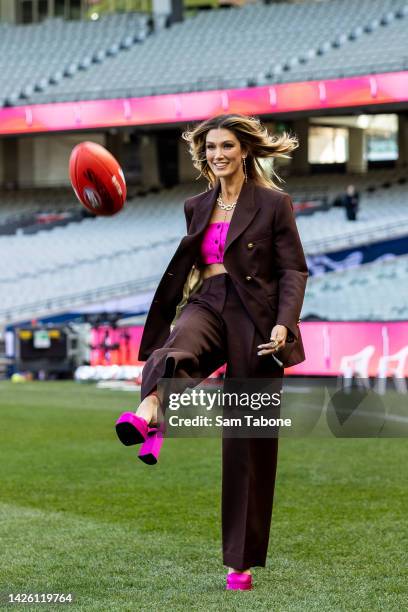 Delta Goodrem during a media opportunity announcing the AFL Grand Final entertainment line-up at Melbourne Cricket Ground on September 22, 2022 in...