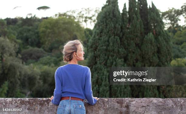 woman looking from rooftop terrace, rear view - cachemira fotografías e imágenes de stock