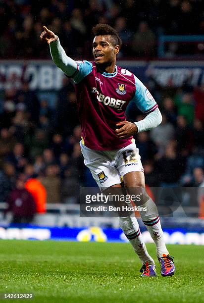 Ricardo Vaz Te of West Ham celebrates after levelling the scores during the npower Championship match between West Ham United and Birmingham City at...