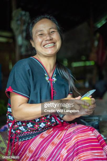 hmong hilltribe frau mit passionsfrucht chiang mai, thailand - maibowle stock-fotos und bilder