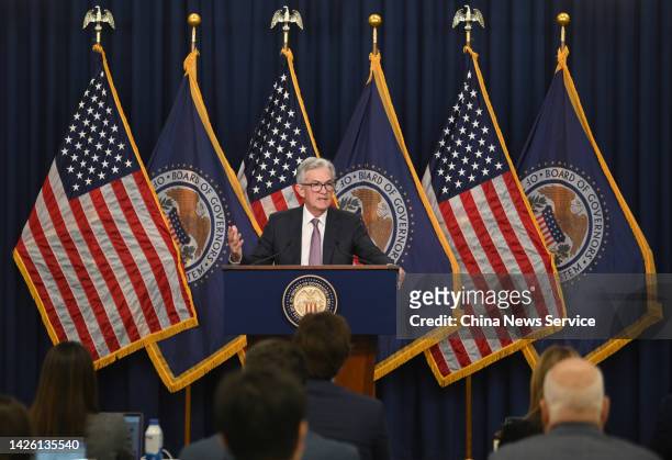 Federal Reserve Chair Jerome Powell attends a news conference following a Federal Open Market Committee meeting on September 21, 2022 in Washington,...