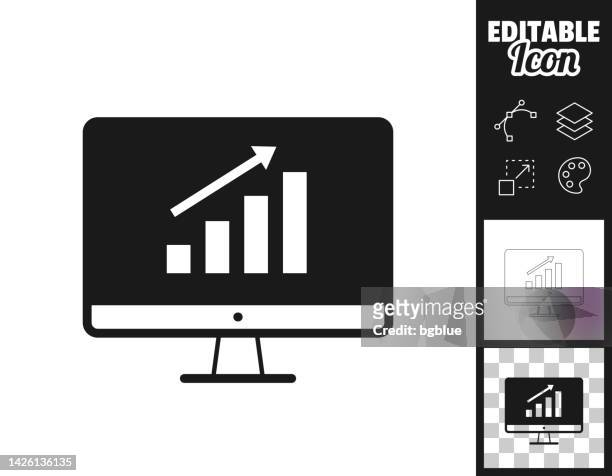 wachsendes diagramm auf desktop-computer. icon für design. leicht editierbar - black and white tv stock-grafiken, -clipart, -cartoons und -symbole