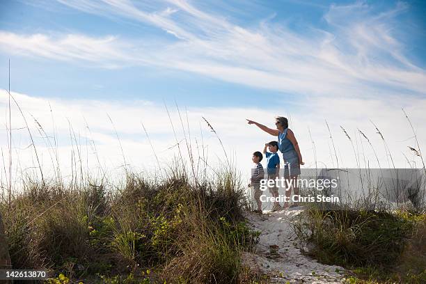 grandmother and grandsons on a beach dune - saia florida stock-fotos und bilder