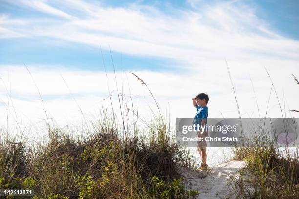 young boy standing on top of a beach dune - bradenton stock pictures, royalty-free photos & images