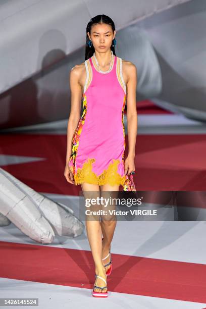 Model walks the runway during the Diesel Ready to Wear Spring/Summer 2023 fashion show as part of the Milan Fashion Week on September 21, 2022 in...