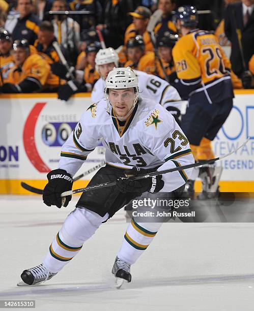 Tom Wandell of the Dallas Stars skates against the Nashville Predators during an NHL game at the Bridgestone Arena on April 5, 2012 in Nashville,...