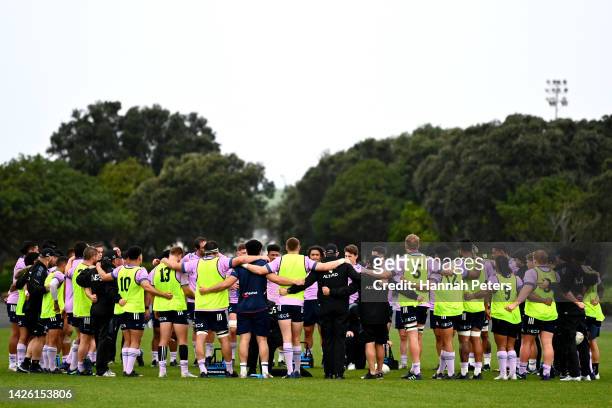 The All Blacks huddle during a New Zealand All Blacks training session at Mount Smart Stadium on September 22, 2022 in Auckland, New Zealand.