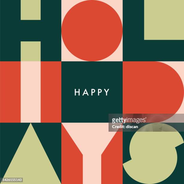 happy holidays geometric card with typography greetings. - holiday stock illustrations