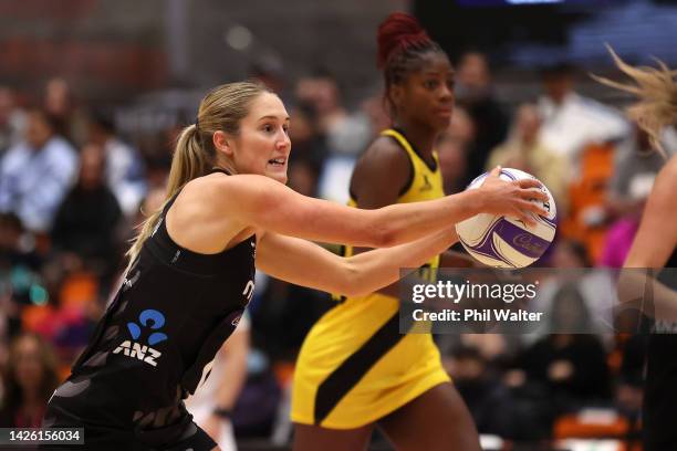 Maddy Gordon of the Silver Ferns takes a pass during game two of the Taini Jamison Trophy series between the New Zealand Silver Ferns and Jaimaca at...