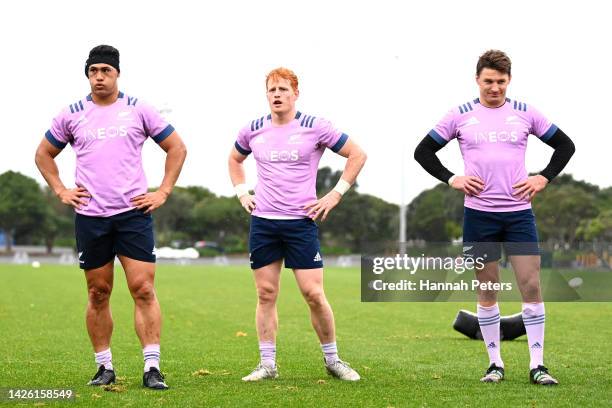 Roger Tuivasa-Scheck, Finlay Christie and Beauden Barrett of the All Blacks run through drills during a New Zealand All Blacks training session at...