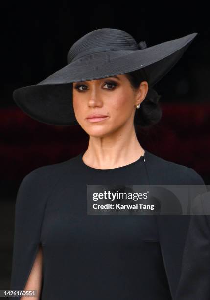 Meghan, Duchess of Sussex during the State Funeral of Queen Elizabeth II at Westminster Abbey on September 19, 2022 in London, England. Elizabeth...