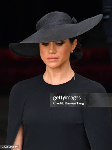 Meghan, Duchess of Sussex during the State Funeral of Queen Elizabeth II at Westminster Abbey on September 19, 2022 in London, England. Elizabeth...