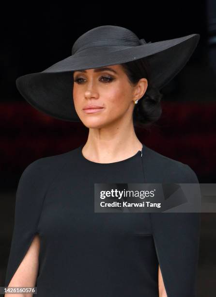 Meghan, Duchess of Sussex during the State Funeral of Queen Elizabeth II at Westminster Abbey on September 19, 2022 in London, England. Elizabeth...