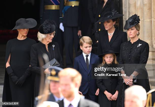 Meghan, Duchess of Sussex, Camilla, Queen Consort, Prince George of Wales, Catherine, Princess of Wales, Princess Charlotte of Wales and Sophie,...