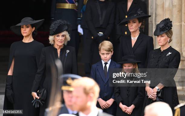 Meghan, Duchess of Sussex, Camilla, Queen Consort, Prince George of Wales, Catherine, Princess of Wales, Princess Charlotte of Wales and Sophie,...