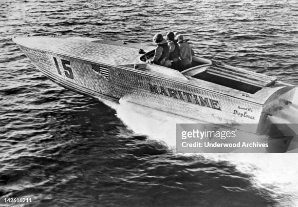 The spear-nosed aluminum power boat won the 180 mile West Palm Beach to Lucaya-Freeport Gateway Marathon, West Palm Beach, Florida, June 14, 1965....