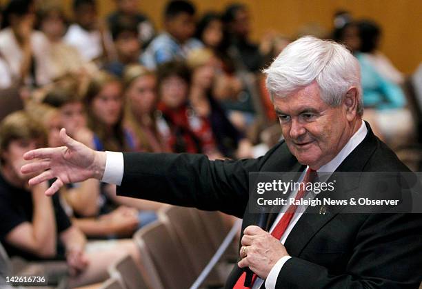 Republican presidential candidate Newt Gingrich speaks to students at Broughton High School in Raleigh, North Carolina, Monday, April 8, 2012....