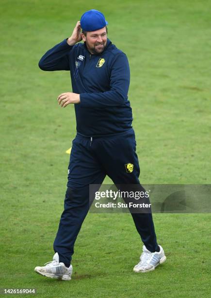 Durham coach Stephen Harmison looks on during the warm up prior to day three of the LV= Insurance County Championship match between Durham and Sussex...