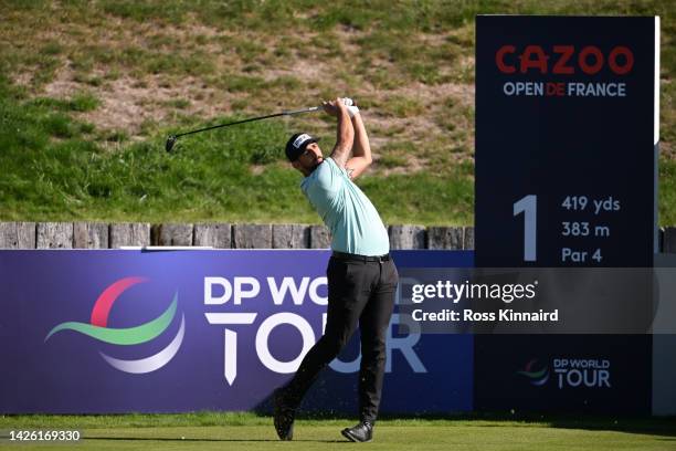 Matthieu Pavon of France tees off on the 1st hole on Day One of the Cazoo Open de France at Le Golf National on September 22, 2022 in Paris, France.