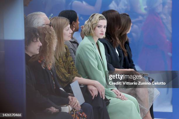 Lili Reinhart is seen on the front row of the Max Mara Fashion Show during the Milan Fashion Week Womenswear Spring/Summer 2023 on September 22, 2022...