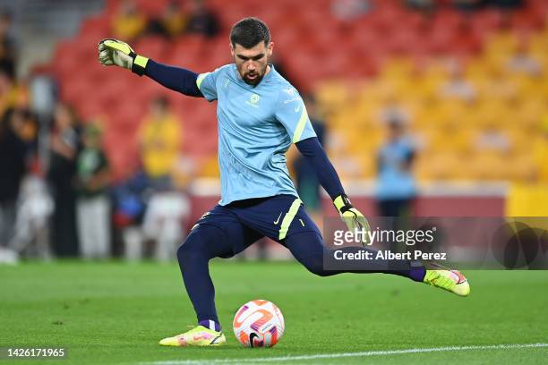 Maty Ryan of Australia warms up before the International Friendly match between the Australia Socceroos and the New Zealand All Whites at Suncorp...