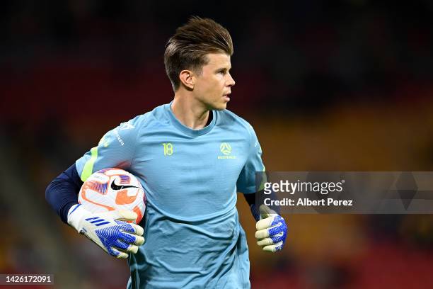 Mitch Langerak of Australia warms up before the International Friendly match between the Australia Socceroos and the New Zealand All Whites at...