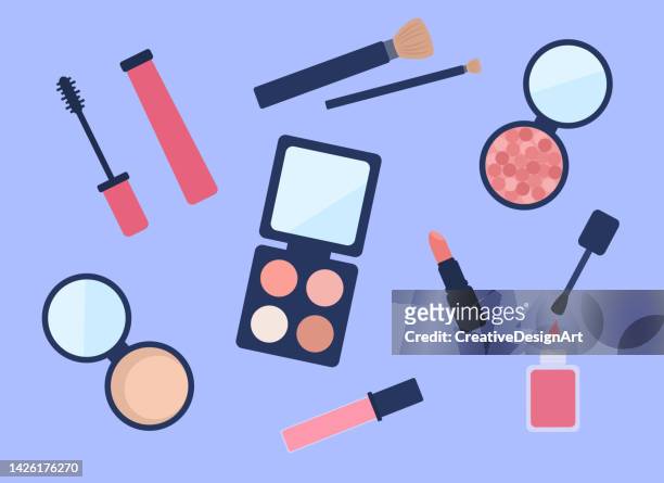 ilustrações de stock, clip art, desenhos animados e ícones de high angle view of make-up desk. eye shadow, mascara, lipstick, powder compact and make-up brushes on lilac background - make up