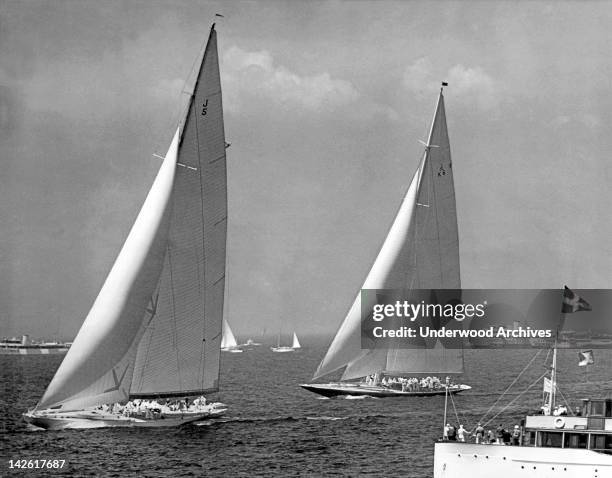 Harold Vanderbilt's America's Cup J sloop entry, 'Ranger,' is off to a commanding lead in the third race over TOM Sopwith's 'Endeavour, Newport,...