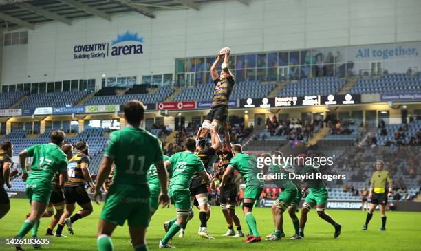 Theo Vukasinovic of Wasps wins the lineout ball during the Premiership Rugby Cup match between Wasps and Newcastle Falcons at The Coventry Building...