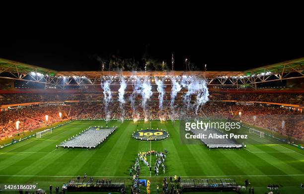 General view is seen as the teams take to the field before the International Friendly match between the Australia Socceroos and the New Zealand All...