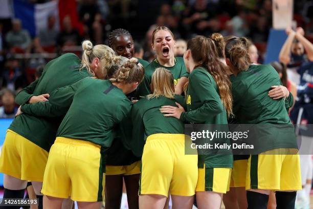 Cayla George of Australia reacts as players run onto court during the 2022 FIBA Women's Basketball World Cup Group B match between x and X at Sydney...