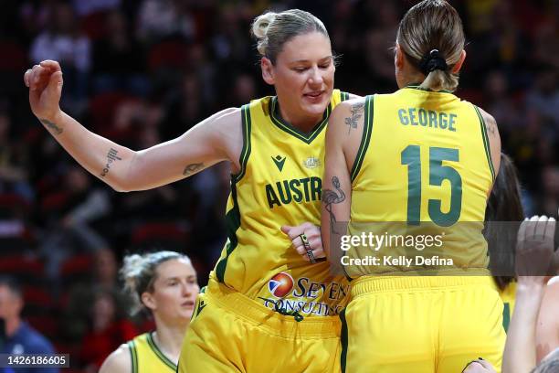 Lauren Jackson of Australia and Cayla George of Australia run out during the 2022 FIBA Women's Basketball World Cup Group B match between x and X at...