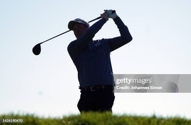 Folgensbourg, FRANCE Steven Tiley of England hits off 17th tee on Day One of the Swiss Challenge 2022 at Golf Saint Apollinaire on September 22, 2022...