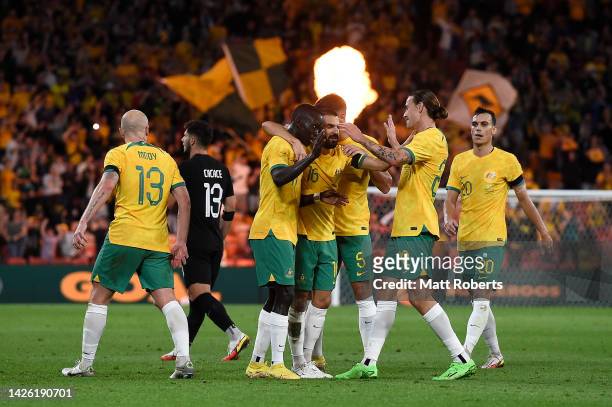 Awer Mabil of Australia celebrates kicking a goal during the International Friendly match between the Australia Socceroos and the New Zealand All...