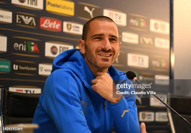 Leonardo Bonucci of Italy speaks with the media during Italy press conference at Centro Tecnico Federale di Coverciano on September 22, 2022 in...