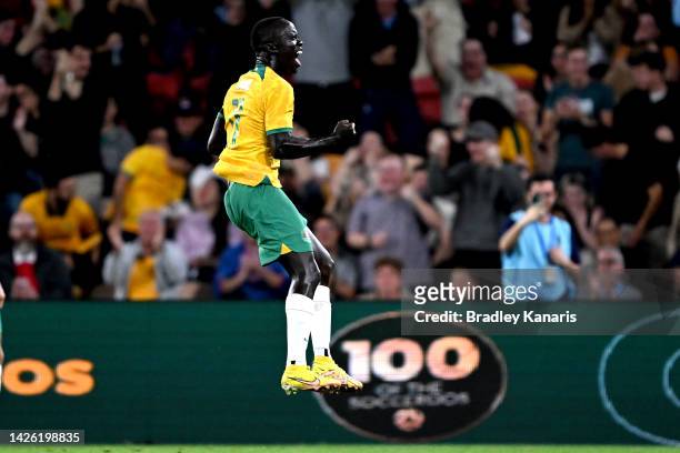Awer Mabil of Australia celebrates after scoring a goal during the International Friendly match between the Australia Socceroos and the New Zealand...
