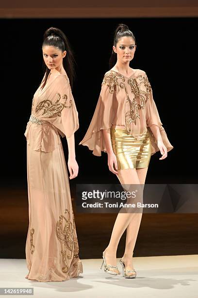 Model walks the runway for the Christophe Guillarme New Collection presentation at the Palais des Festivals on April 7, 2012 in Cannes, France.