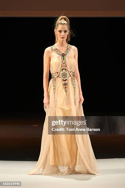 Model walks the runway for the Christophe Guillarme New Collection presentation at the Palais des Festivals on April 7, 2012 in Cannes, France.